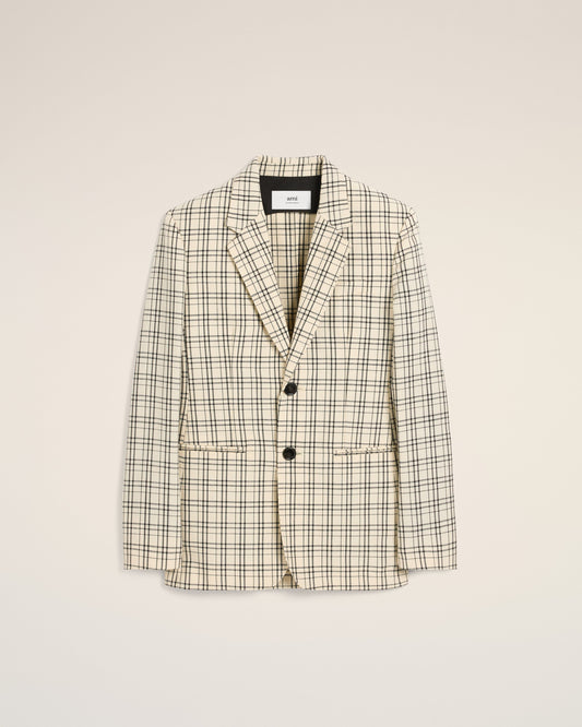 Beige Checked Wool Semi-Lined Jacket