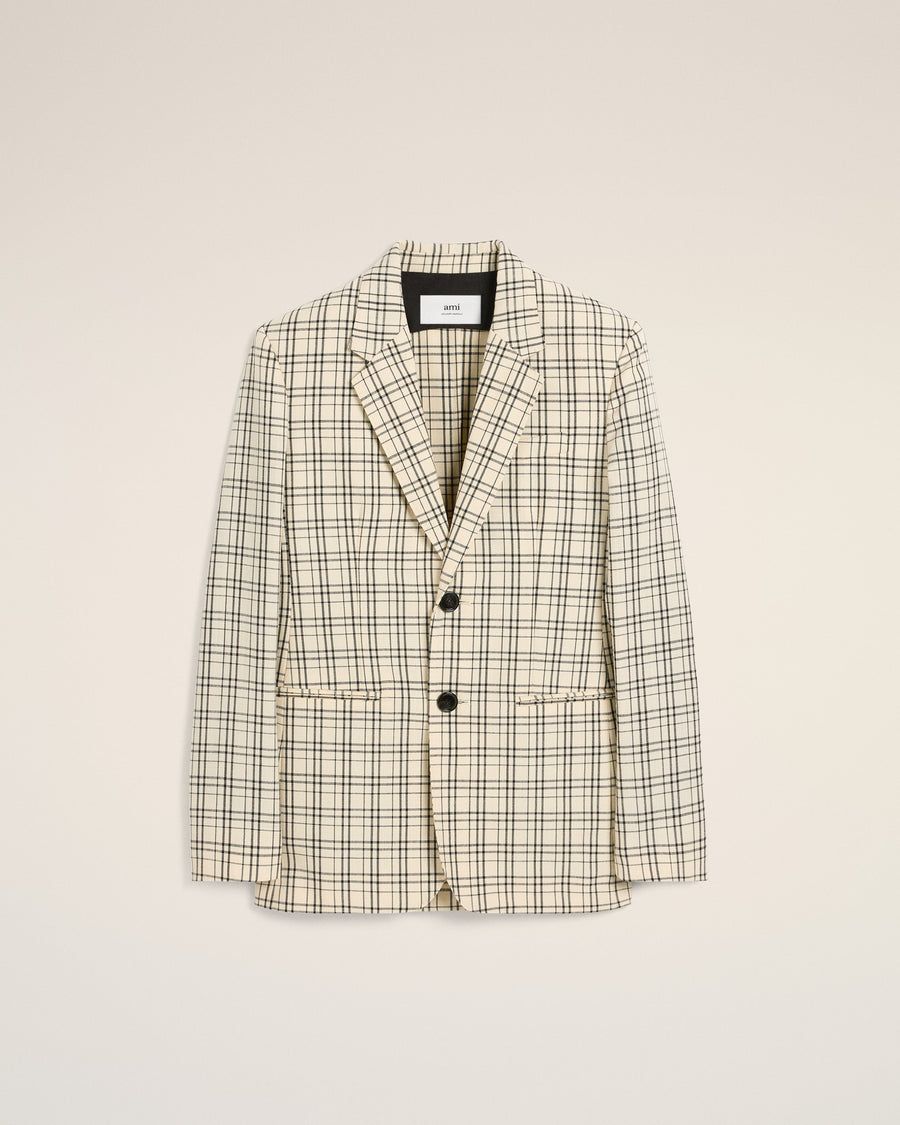 Beige Checked Wool Semi-Lined Jacket