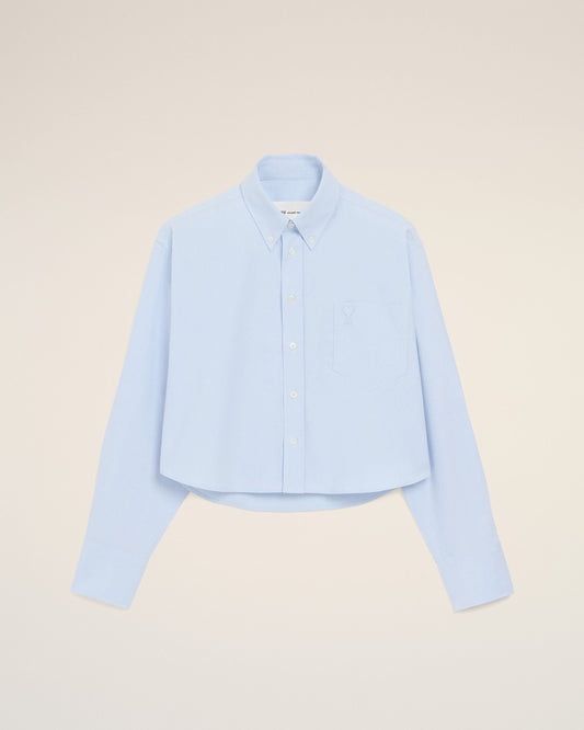 Blue cropped cotton shirt with embossed Ami de Coeur