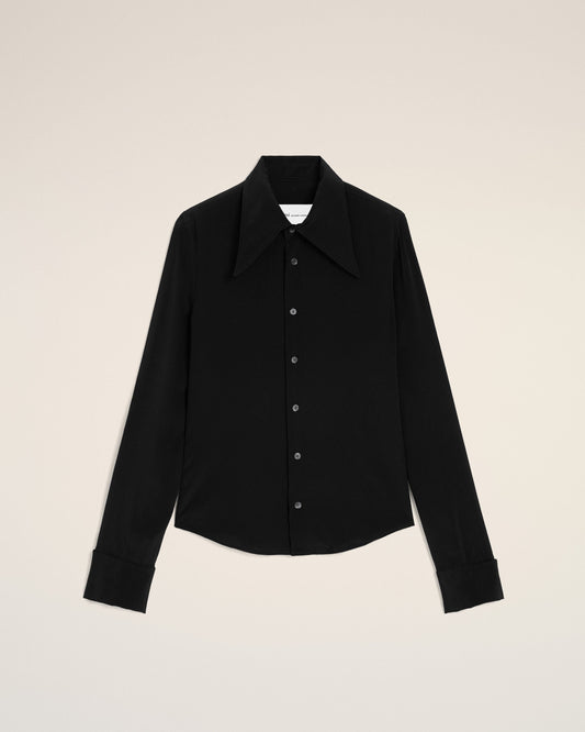Black Blended Silk Sharp Collar Adjusted Shirt