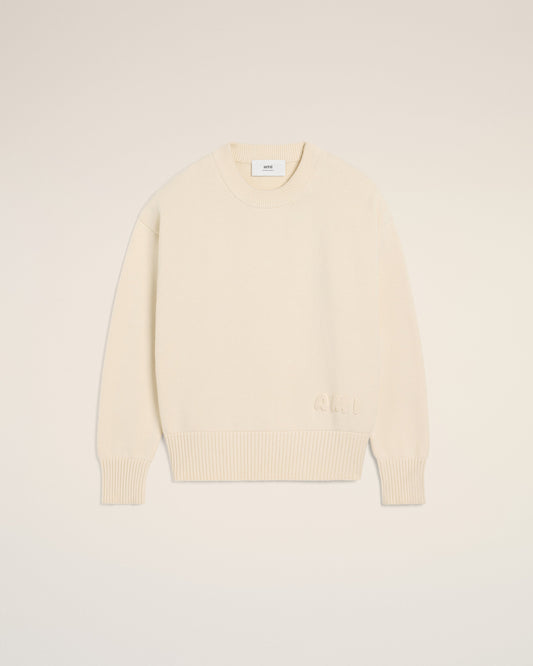 Beige Cotton Ami Embroidered Crewneck Sweater