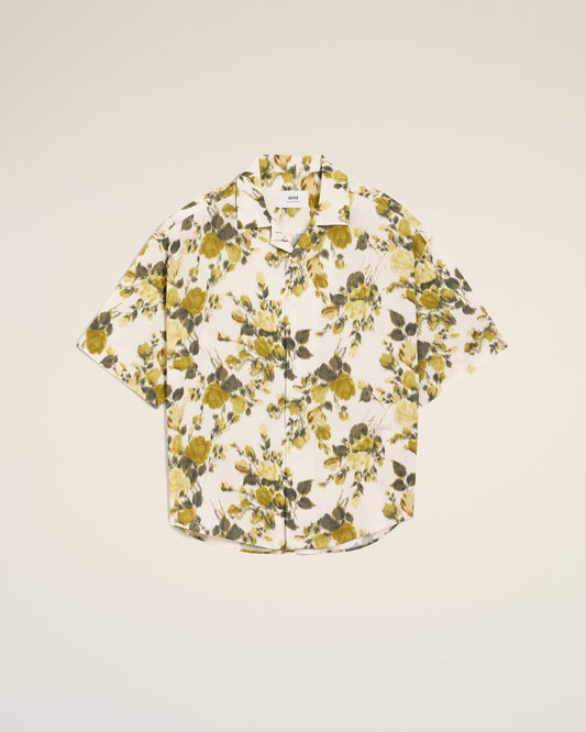 Green Flower Printed Short Sleeved Ami Camp Shirt