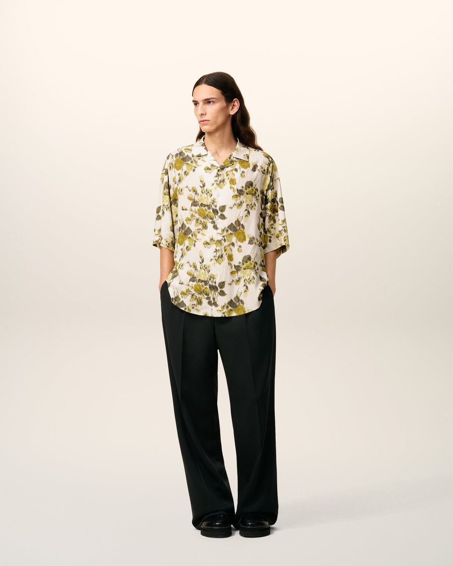 Green Flower Printed Short Sleeved Ami Camp Shirt