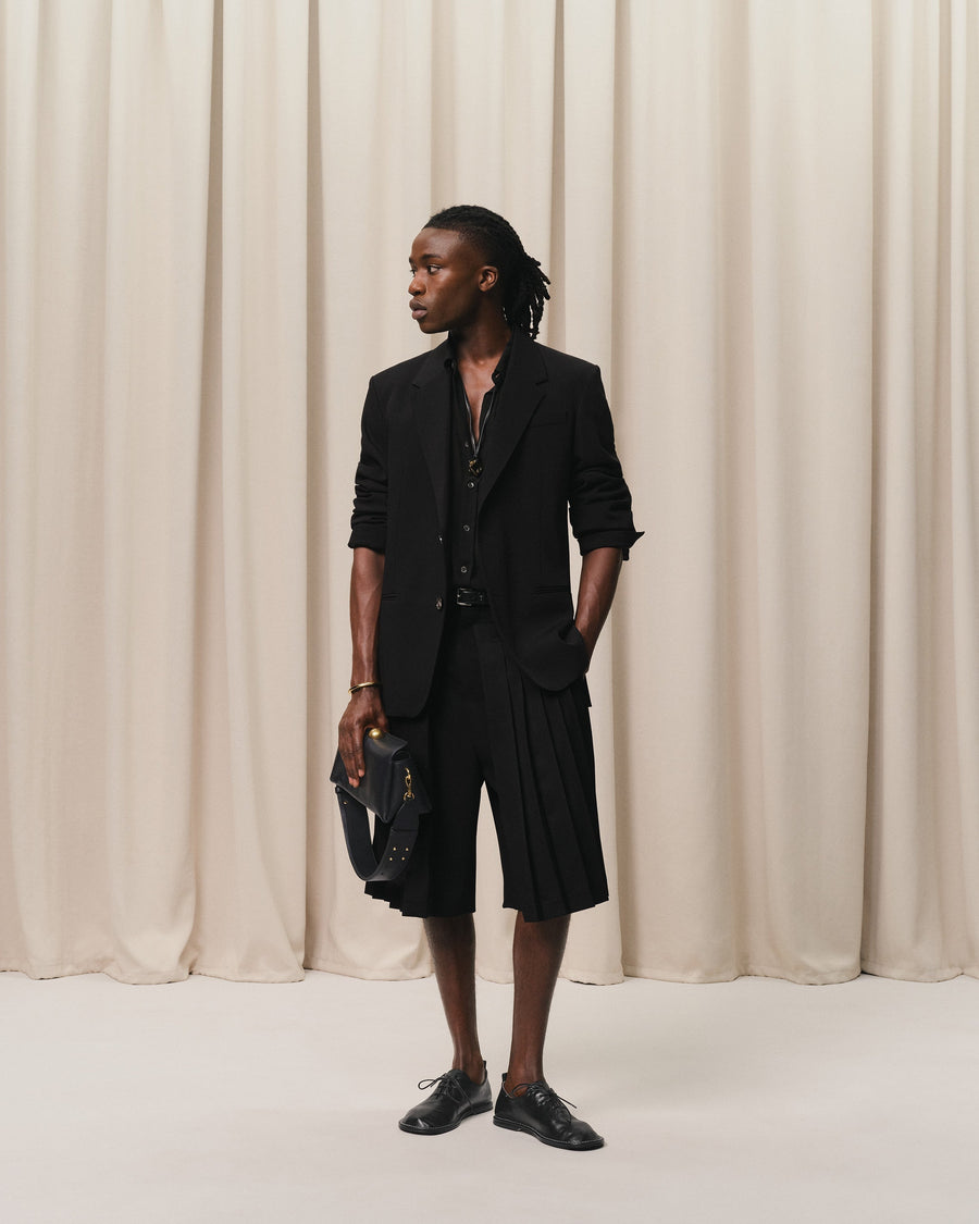 Black Wool Pleated Bermuda