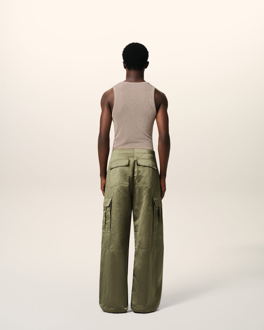 Green Cotton Satin Zipped Cargo Trousers