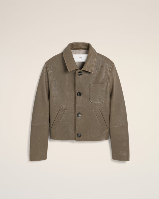 Taupe Leather Buttoned Jacket