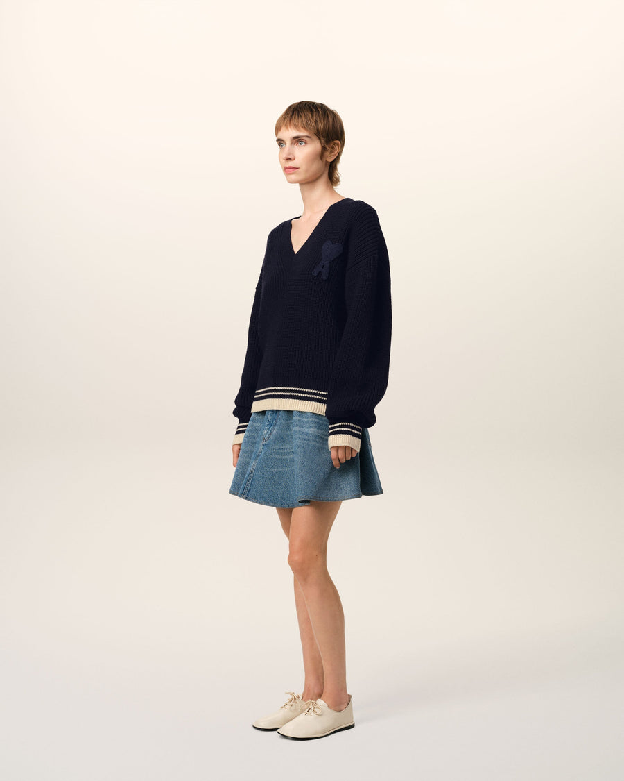 Navy Wool Ribbed V Neck Sweater