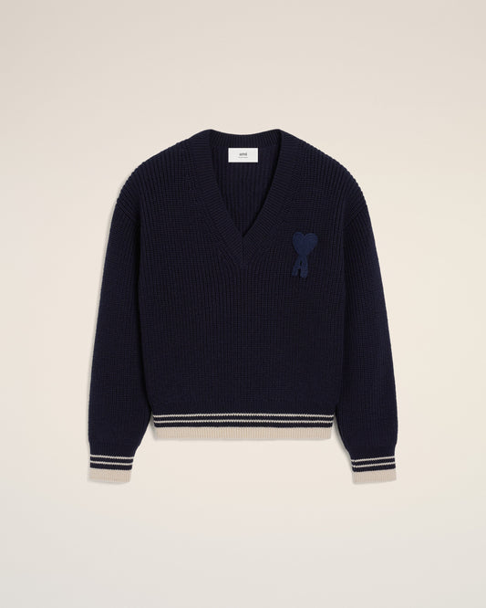 Navy Wool Ribbed V Neck Sweater