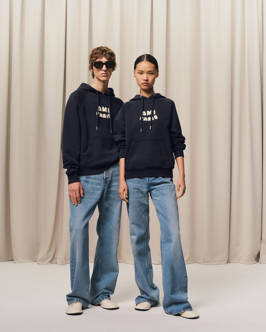 Navy Cotton Hoodie With Ami Paris Patch