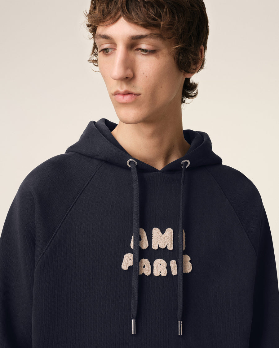 Navy Cotton Hoodie With Ami Paris Patch
