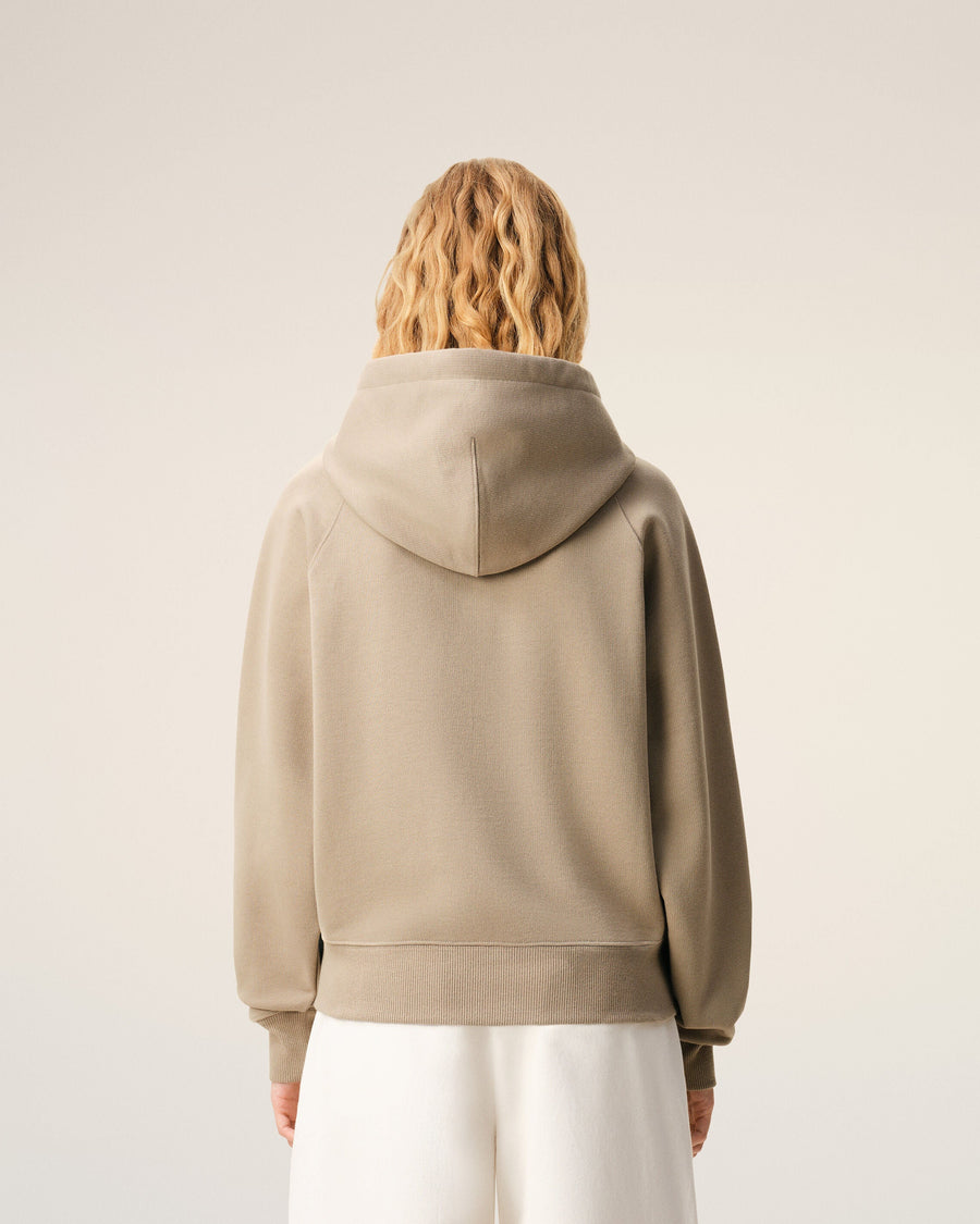 Beige Cotton Embossed Ami De Coeur Zipped Hoodie