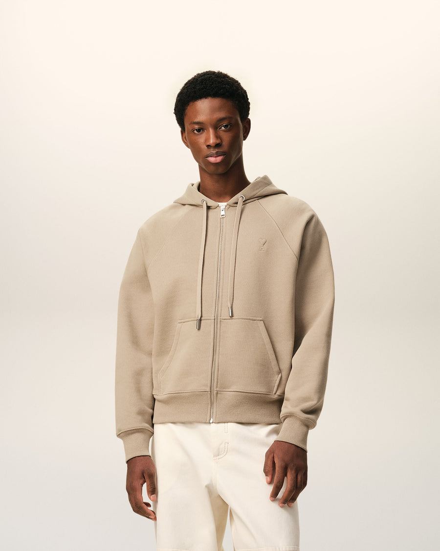 Beige Cotton Embossed Ami De Coeur Zipped Hoodie