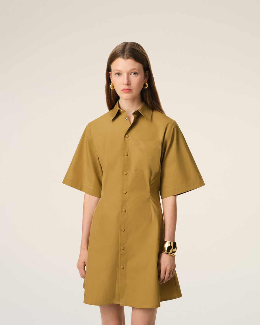 Mustard Cotton Short Sleeve Shirt Dress