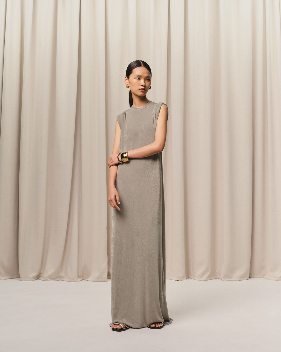 Beige Rib Jersey Short Sleeve Long Dress