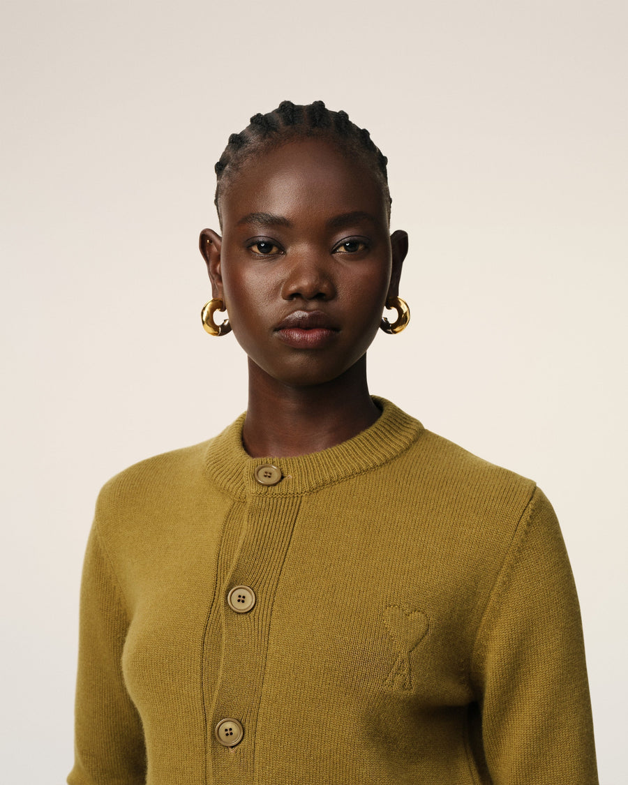 Khaki Wool Knit Ami de Coeur Crewneck Cardigan