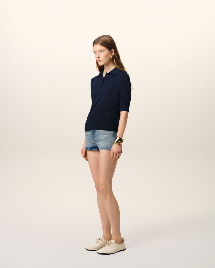 Navy Wool Silk Tonal Ami de Coeur Polo