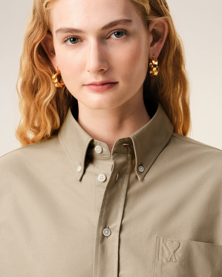Beige Cotton Cropped Embossed Ami De Coeur Shirt