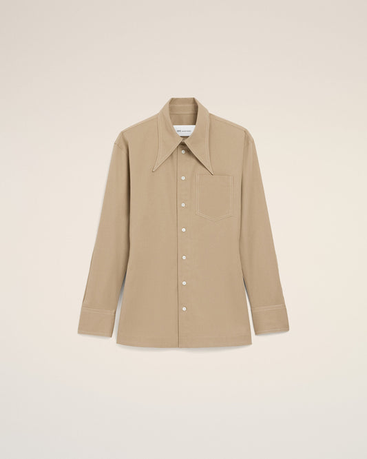 Beige Cotton Sharp Collar Fitted Shirt