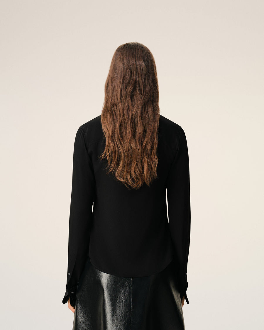 Black Blended Silk Sharp Collar Adjusted Shirt