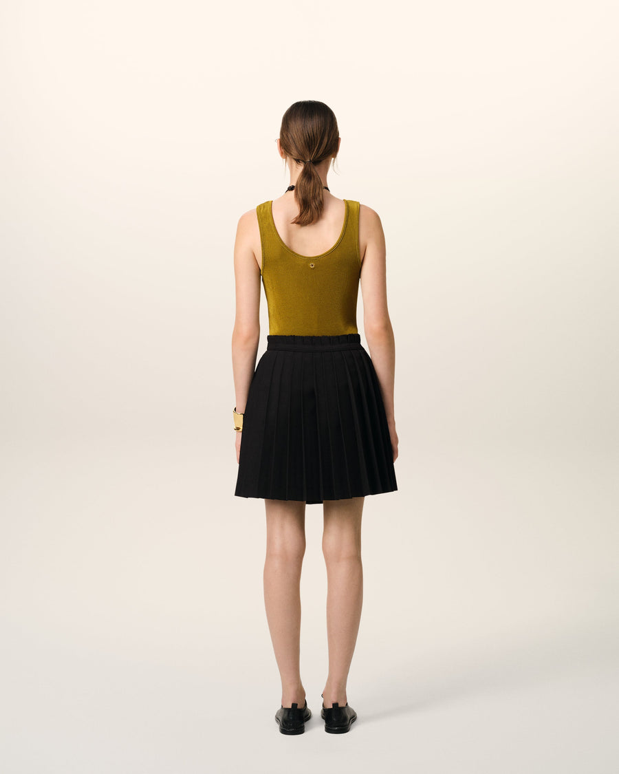 Black Wool Twill Short Pleated Skirt