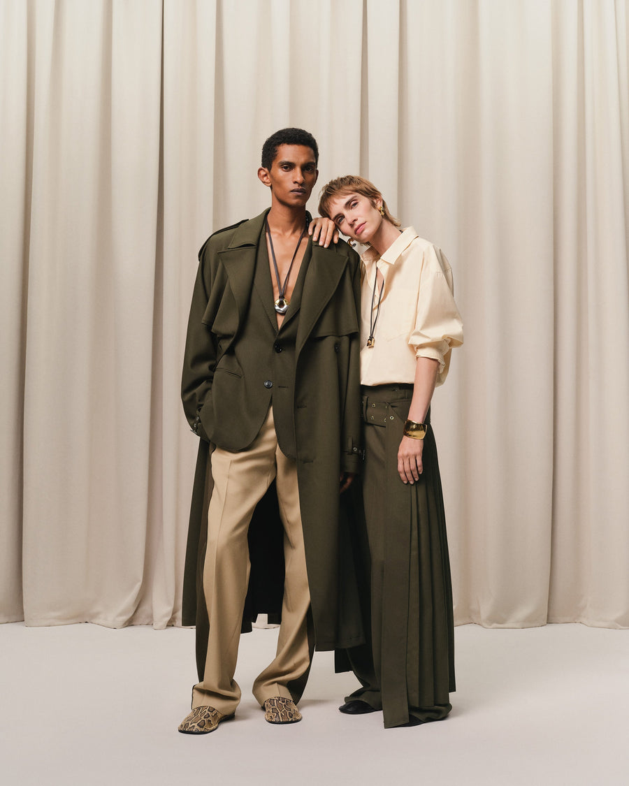 Green Wool Twill Belted Pleated Skirt