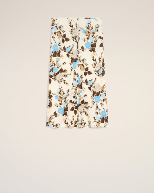 Blue Flower Printed  Raw Edges Details Midi Skirt