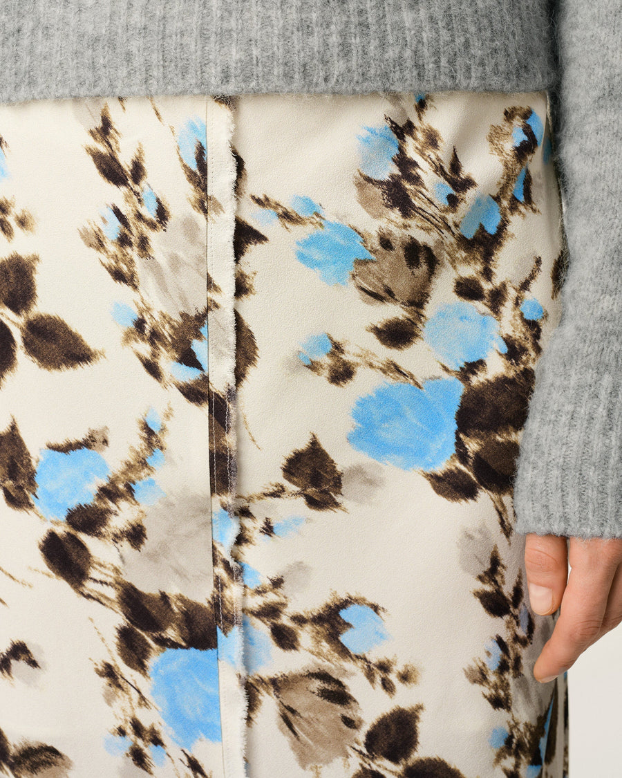 Blue Flower Printed  Raw Edges Details Midi Skirt
