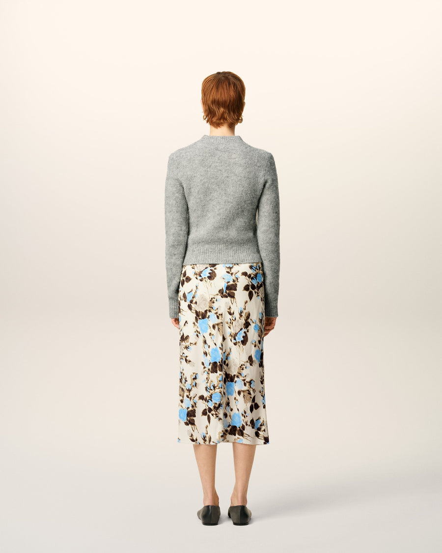 Blue Flower Printed  Raw Edges Details Midi Skirt