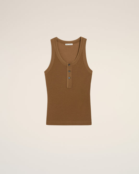 Brown Jersey Tanktop With Buttoned Placket