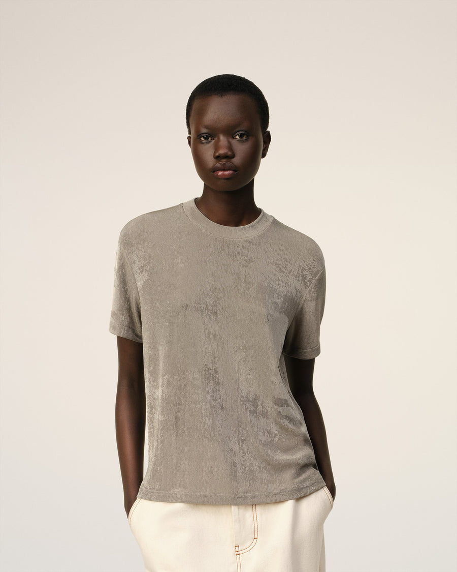 Beige Shiny Jersey Short Sleeve T-Shirt