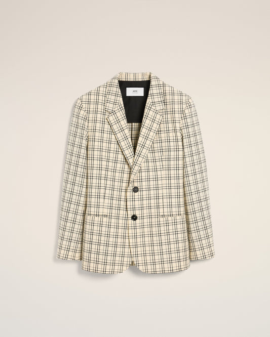 Beige Checked Wool Semi-Lined Jacket