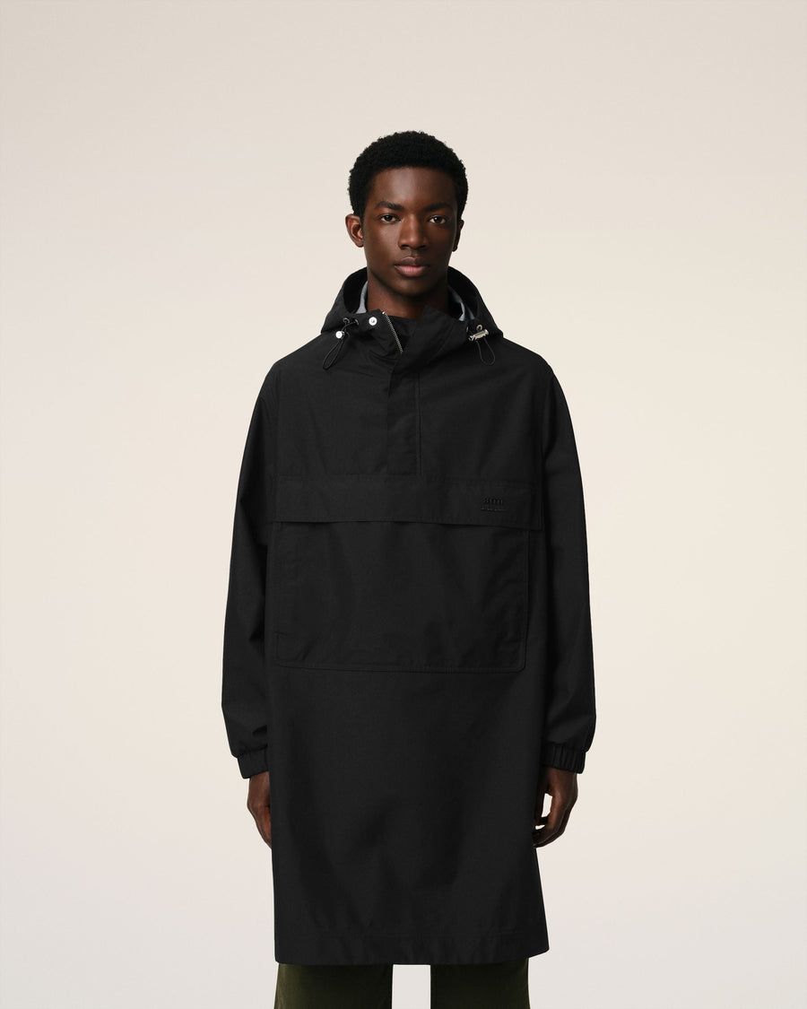 Black Water-repellent Long Hooded Windbreaker