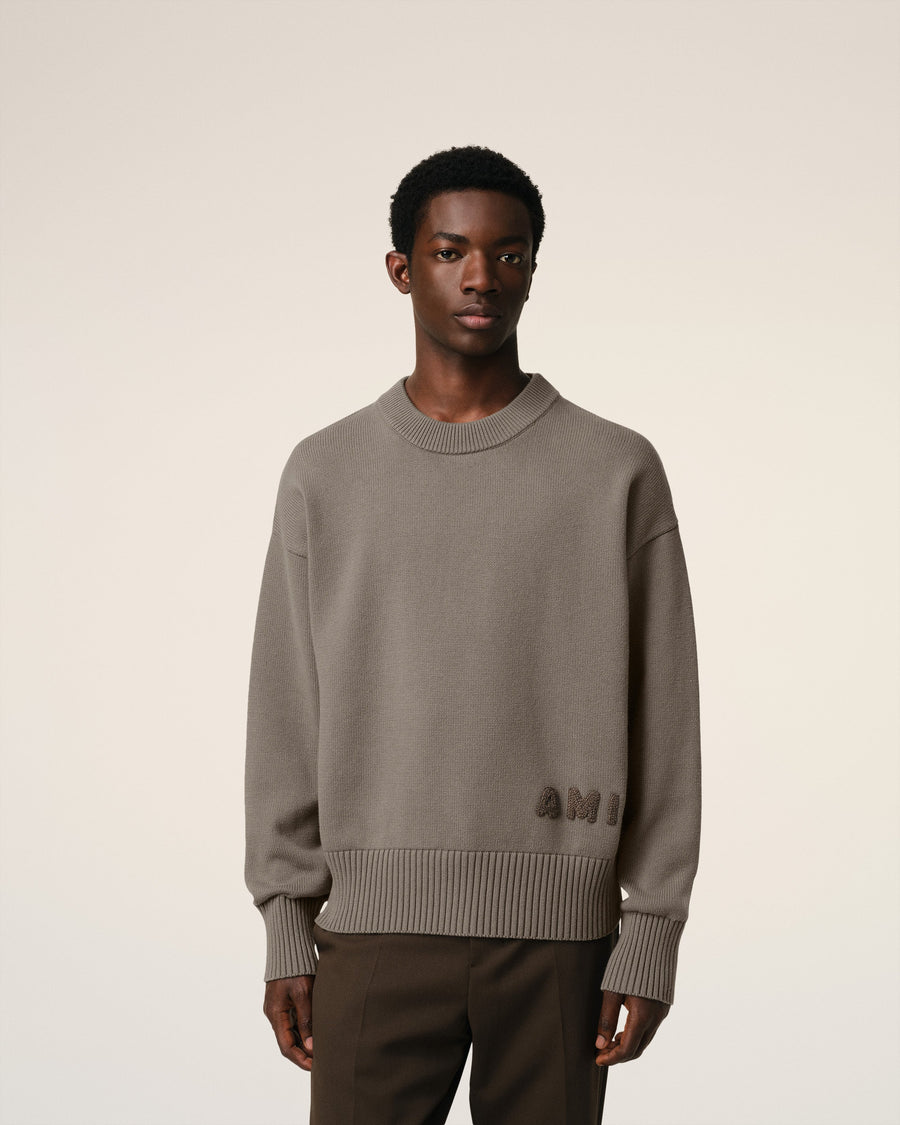 Beige Cotton Ami Embroidered Crewneck Sweater