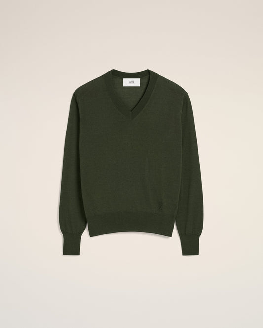 Green Wool Tonal V Neck Sweater