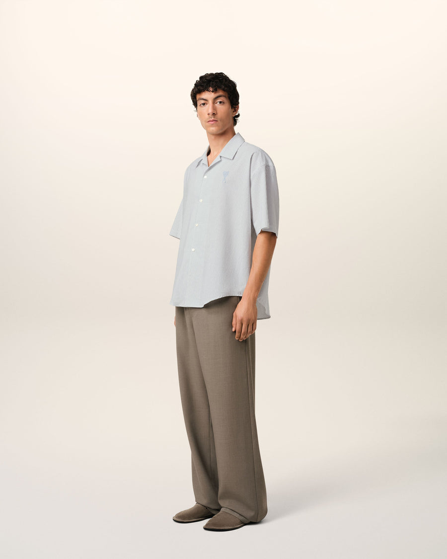Blue Cotton Camp Collar Short Sleeves Shirt