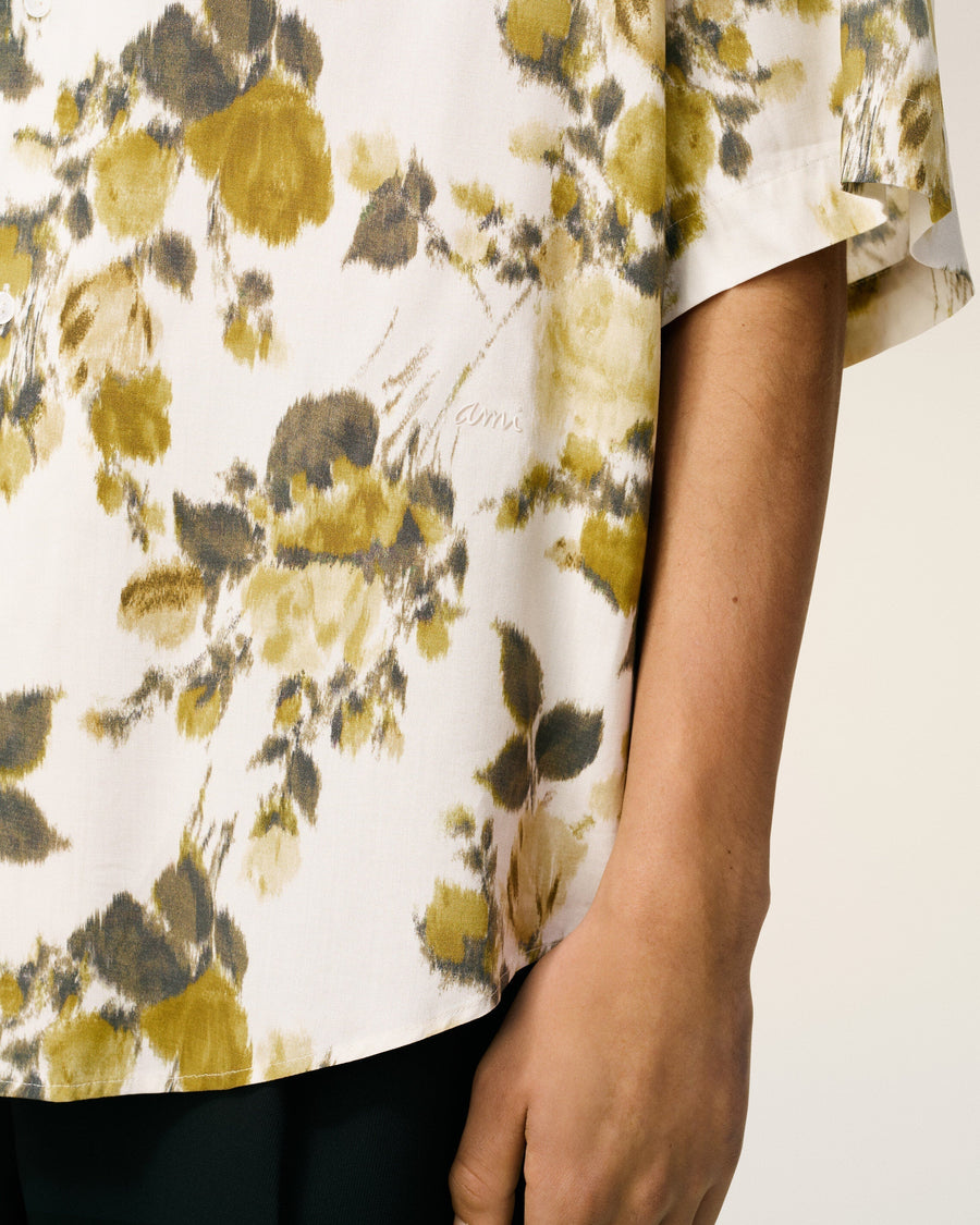 Green Flower Printed  Short Sleeved Ami Camp Shirt