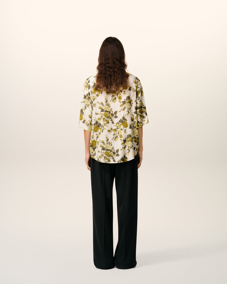 Green Flower Printed  Short Sleeved Ami Camp Shirt