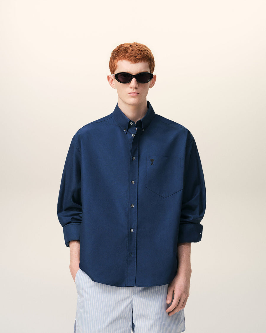Blue Cotton Boxy Embroidered Ami De Coeur Shirt