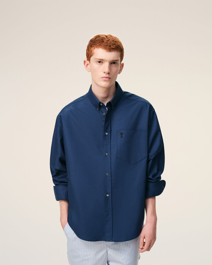 Blue Cotton Boxy Embroidered Ami De Coeur Shirt