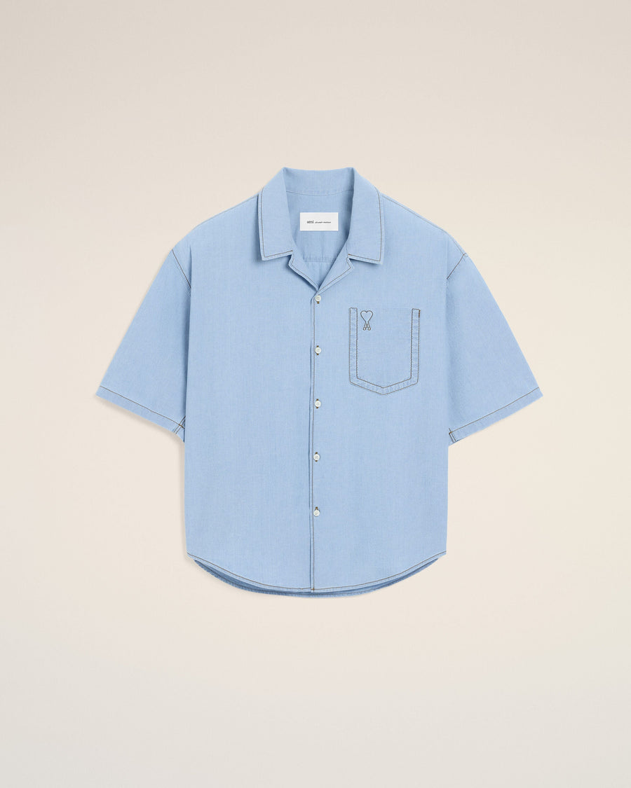 Blue boxy cotton short-sleeve shirt with Ami de Coeur