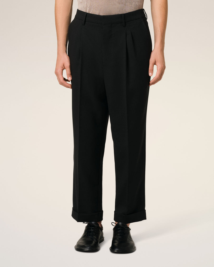 Black Wool Carrot Fit Trousers