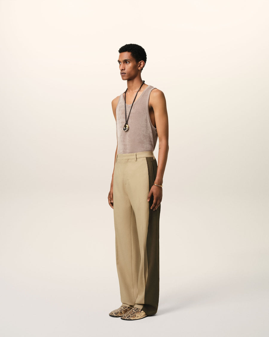 Beige Wool Contrasted Band Straight Trousers