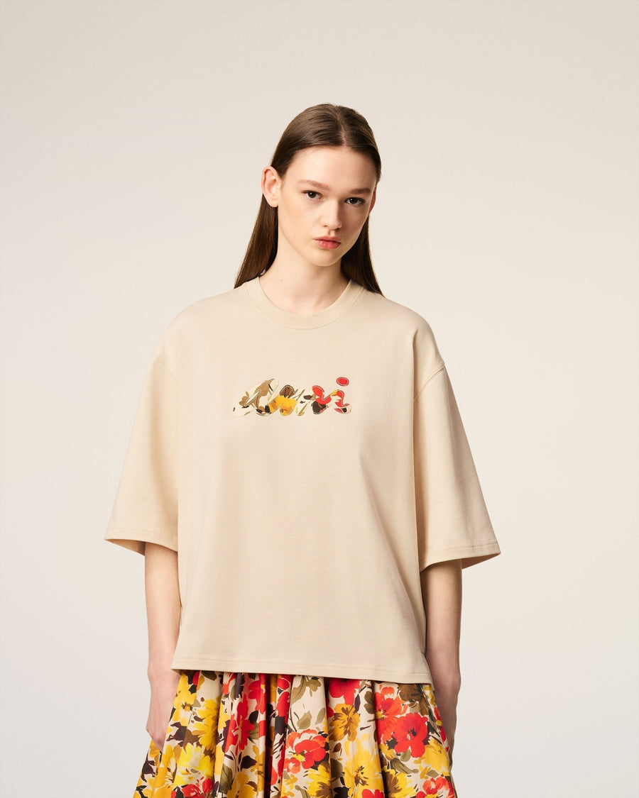 Beige Cotton Floral Ami Patch T-Shirt