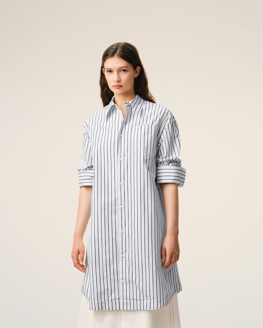 White Striped Cotton Ami De Coeur Wide Shirt Dress