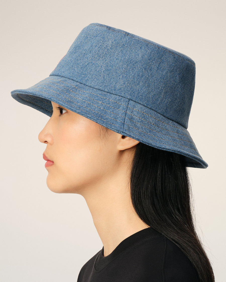 Blue Cotton Ami de Coeur Embroidery Bucket Hat