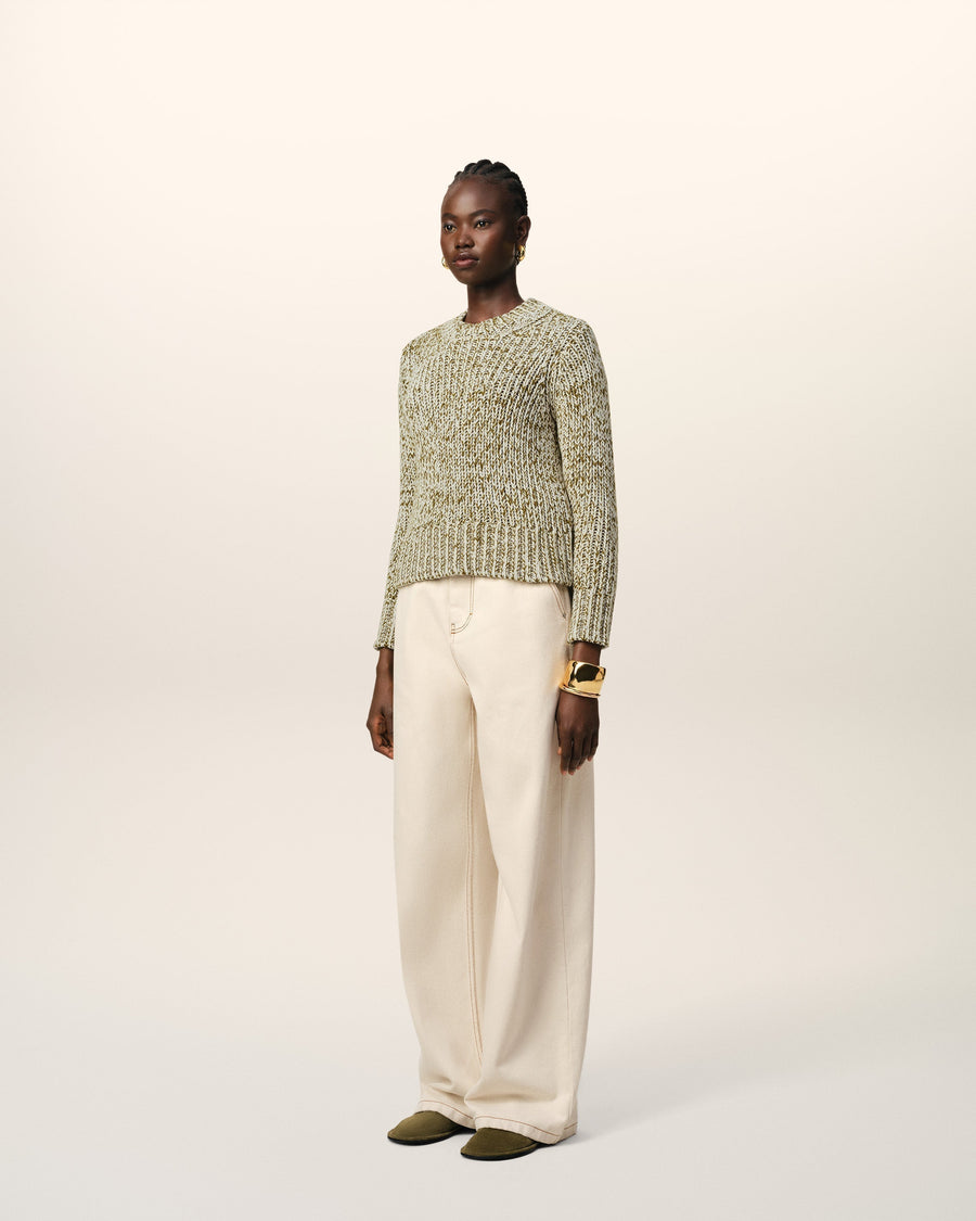 Green Mouliné Textured Knit Crewneck Sweater