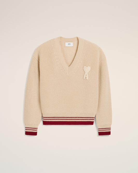 Beige Wool Ribbed V Neck Sweater