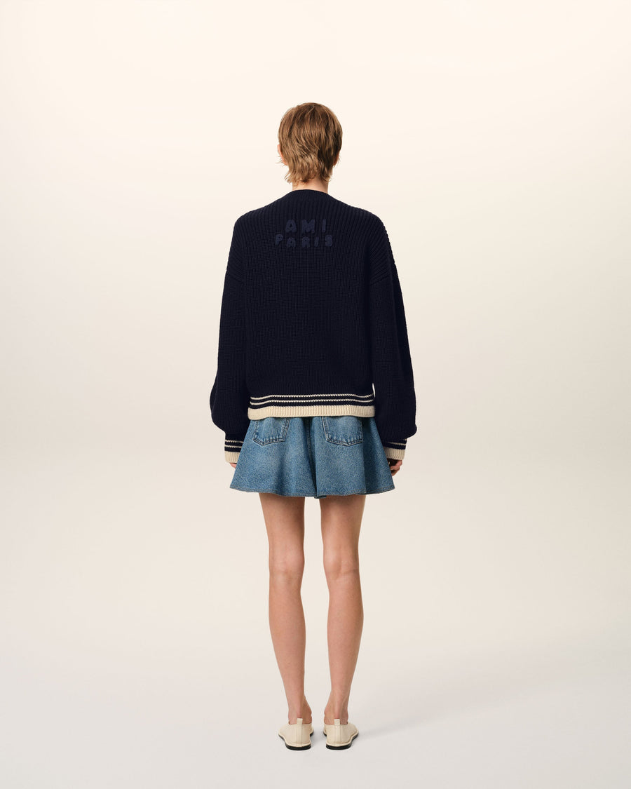 Navy Wool Ribbed V Neck Sweater