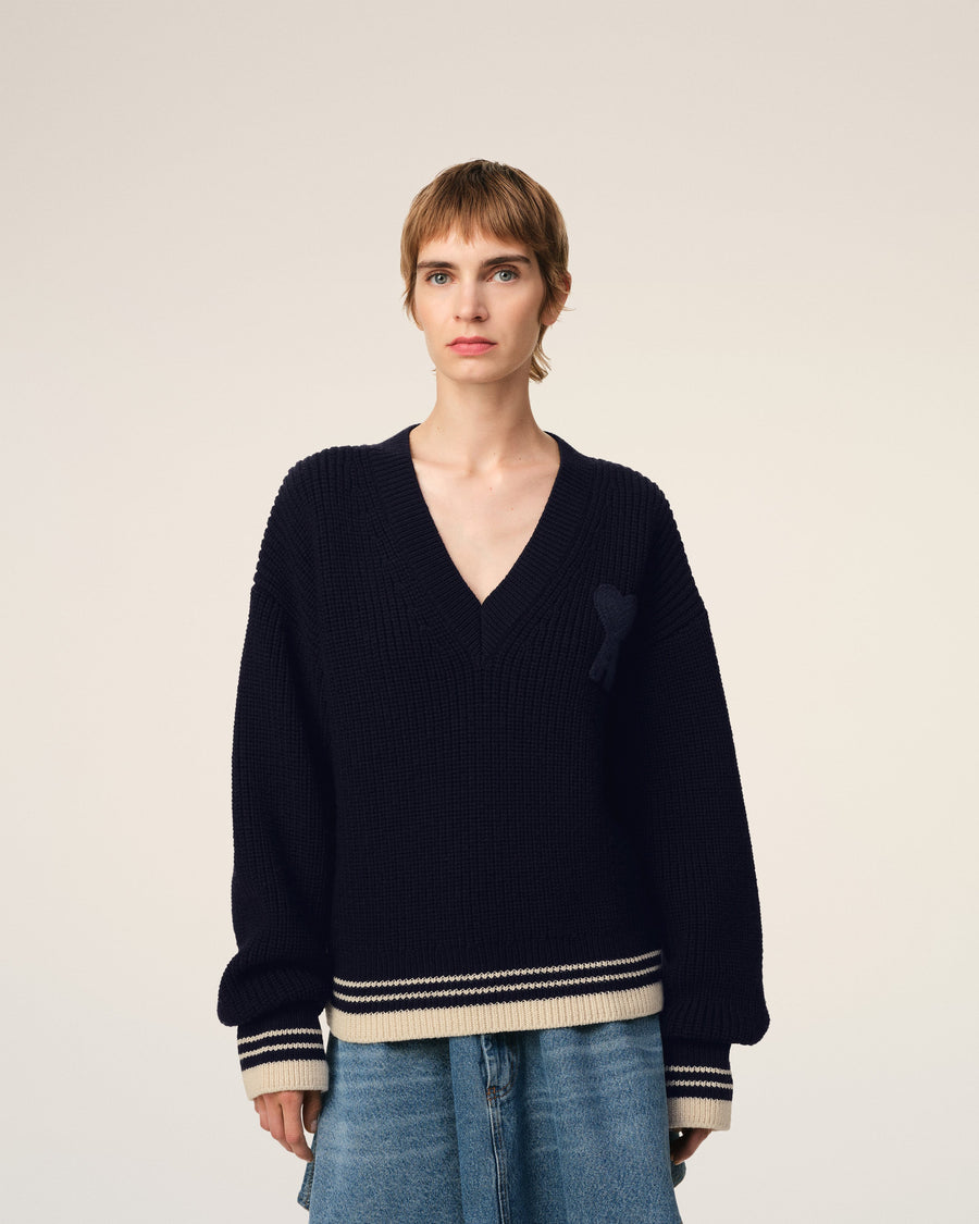 Navy Wool Ribbed V Neck Sweater
