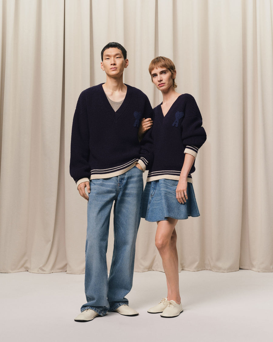 Navy Wool Ribbed V Neck Sweater